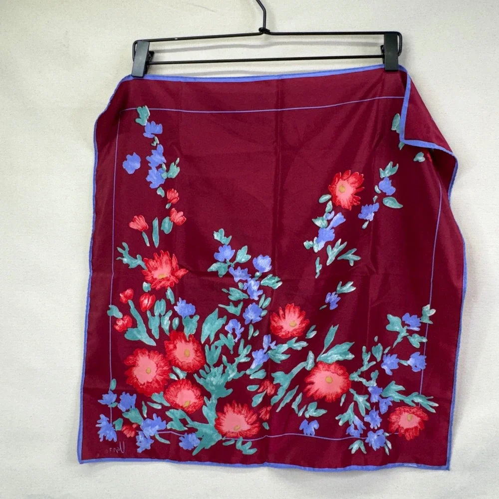 Vera Scarf Squares Set of 2 Burgundy Red Floral Silk Blend Vintage Cottagecore